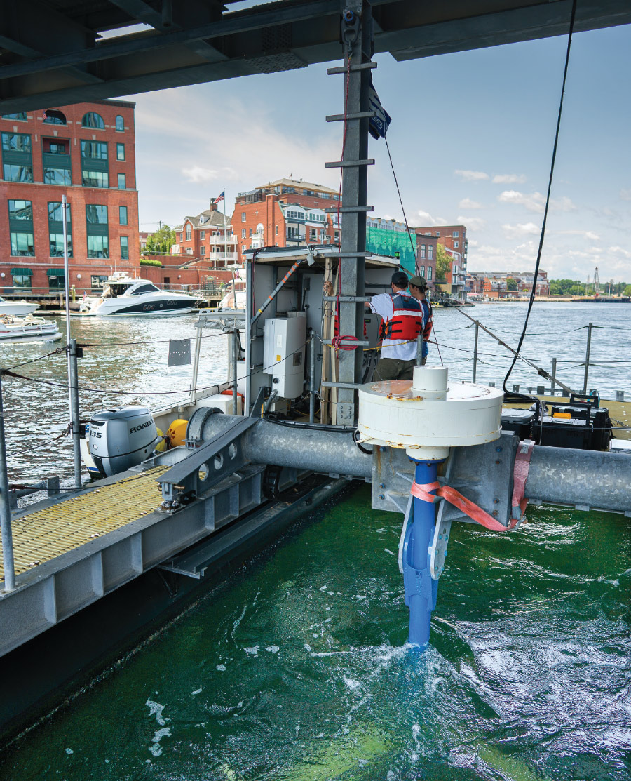 A test platform beneath Portsmouth’s Memorial Bridge harnesses tidal currents for energy production